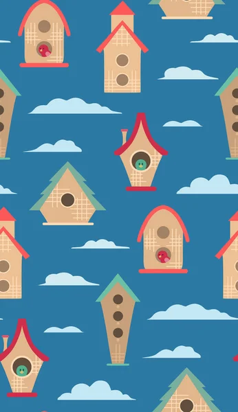 Nahtloses Muster Mit Flachen Handgezeichneten Vogelhäusern Mit Wolken Auf Blauem — Stockvektor