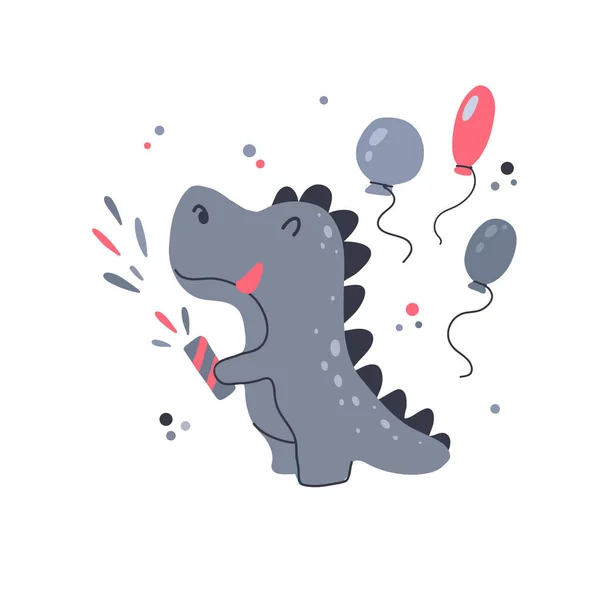 Happy Little Dinosaur Blowing Clapperboard Balloons Birthday Festive Party Vector — Stock Vector