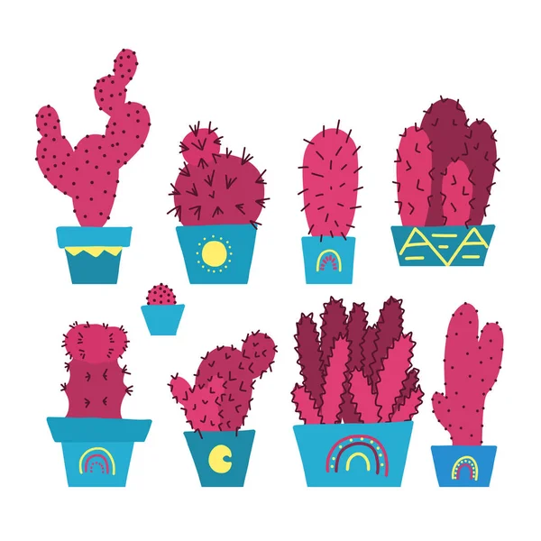 Serie Cactus Diversi Tirati Mano Insoliti Pentole Fiori Casa Arredamento — Vettoriale Stock