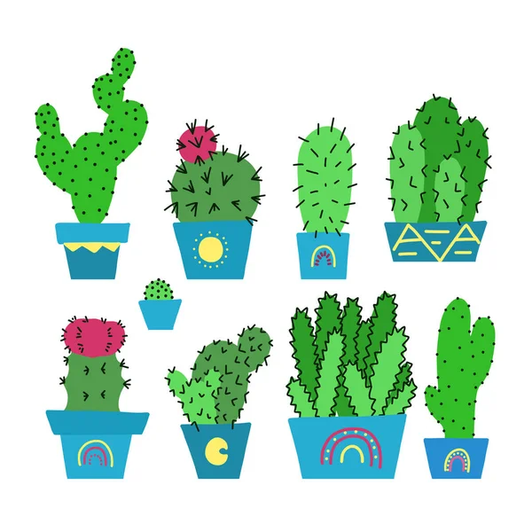 Conjunto Cactus Diferentes Verdes Dibujados Mano Con Espinas Macetas Flores — Archivo Imágenes Vectoriales