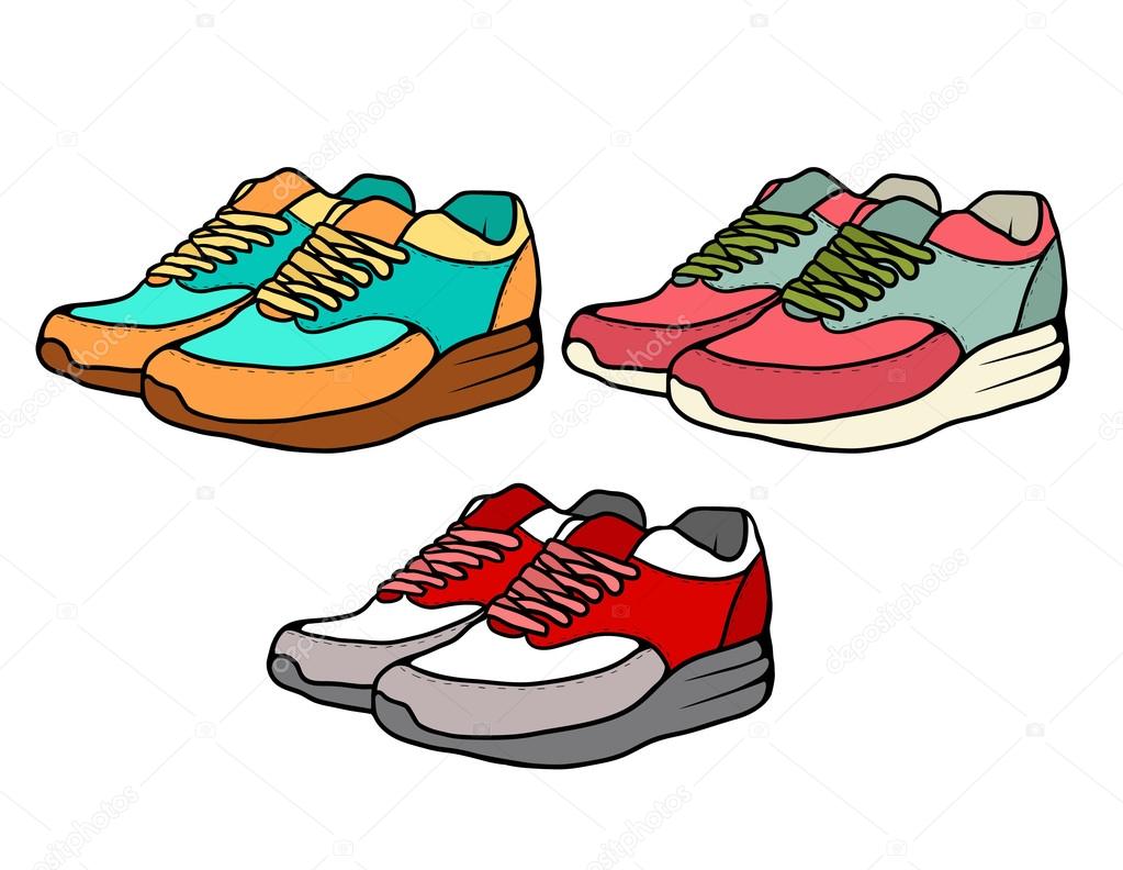 Three pairs of colorful sneakers