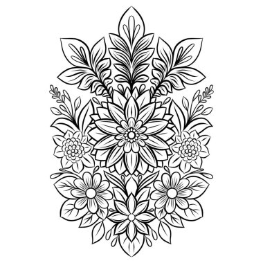 Vector floral illustration with intricate decorative flowers and leaves arranged in a symmetrical composition. Elegant black outline design. Detailed line art in folk ornamental style.
