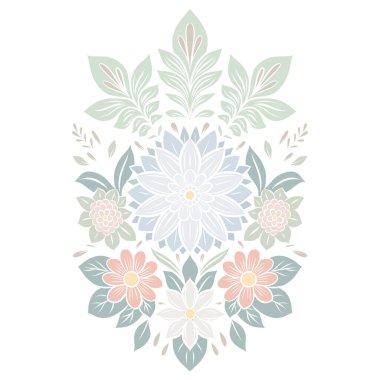 Elegant floral vector illustration with pastel flowers and leaves arranged in a symmetrical folk art style. Delicate colors and clean lines. Perfect for card, invitations, and decorative design.