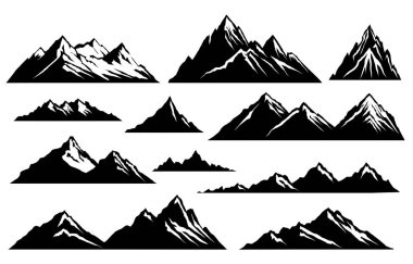 Mountain vector silhouettes set. Bold black and white peaks in minimal style. Ideal for logos, outdoor adventure branding, travel posters, and nature-themed graphic projects.
