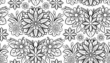 Dekoratif çiçekleri ve beyaz arkaplanda yaprakları olan kusursuz bir şekil. Zarif iz sürme dokusu. Folk süsleme tarzında ayrıntılı satır sanatı.