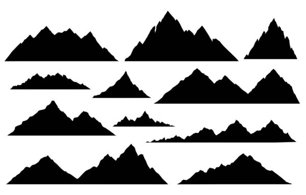 Vector mountain silhouettes set. Bold shadow peaks collection in minimal style. Ideal for logos, outdoor adventure branding, travel posters, and nature-themed graphic projects.