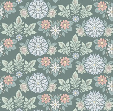 Koyu arkaplanda yumuşak pastel tonları olan kusursuz çiçek deseni. Zarif çiçek ve yapraklı zarif halk sanatı dokusu. Tekstil baskıları, duvar kağıtları ve ambalaj için mükemmel..