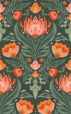 Koyu bir arka planda halk çiçeği desenli vektör deseni. Kumaş, duvar kağıdı, ambalaj kağıdı ve ev dekorasyonu için yaprakları olan dekoratif dikişsiz doku.