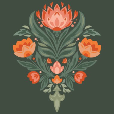 Halk sanatı tarzında vektör dekoratif çiçek kompozisyonu. Koyu arkaplanda simetrik desenli turuncu ve yeşil çiçekler. Parmak izi, nakış, tekstil desenleri ve ambalaj tasarımı için ideal.