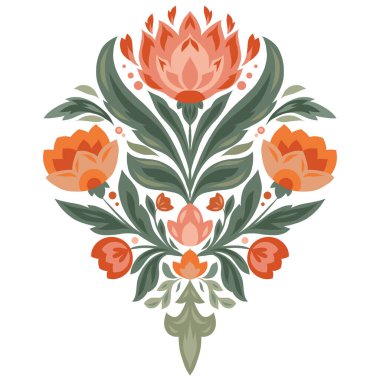 Halk sanatı tarzında vektör dekoratif çiçek kompozisyonu. Parmak izi, nakış, çıkartma ve ambalaj tasarımı için simetrik tasarımı olan turuncu ve yeşil çiçekler.