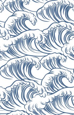 Tarzlı, fırtınalı okyanus dalgaları çizilmiş, kusursuz bir desen. Duvar kağıdı ve tekstil için mavi monokrom hareketli doku