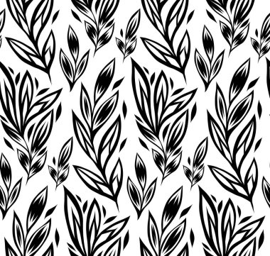 Saplarında stilize yapraklar olan vektör monokrom dikişsiz desen. Ambalaj kağıdı, duvar kağıdı ve kumaş için yaprak dokusunun iz siyah silueti.