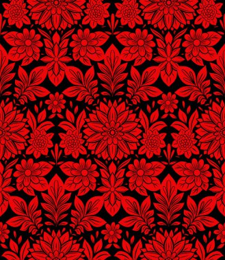 Süslü kırmızı çiçekleri ve siyah arka planda yaprakları olan kusursuz bir şablon. Duvar kağıdı, tekstil ve ambalaj kağıdı için ayrıntılı çiçek süsleme biçimi.