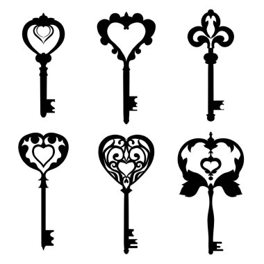Kalpli siyah anahtarlardan oluşan bir vektör seti. Antika anahtarların monokrom koleksiyonu. Çıkartmalar, kartlar ve oyunlar için bir Sevgililer Günü sembolü.