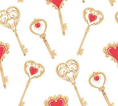 Kalpli, sahte altın anahtarlı, kusursuz bir model. Duvar kağıdı ve kumaş için beyaz zemin üzerinde klasik metal tuşlar bulunan Sevgililer Günü dokusu