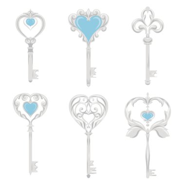 Kalpleri ve mücevherleri olan gümüş anahtarlar. Klasik metal tuşların şenlikli koleksiyonu sanat klipleri. Çıkartmalar, kartlar ve oyunlar için bir Sevgililer Günü sembolü.