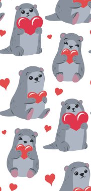 Kalpli su samuru desenli çocuksu vektör. Sevgililer Günü için evcil hayvan. Duvar kağıdı ve kumaş için çizilmiş şirin, saf el hayvanının şenlikli dokusu..