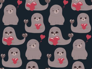 Kalpleri tutan sevimli fok balıklarının kusursuz desenleri. Koyu bir arka planda sevimli, saf yaratıklar şakacı ve dostane bir illüstrasyon tarzı..