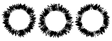 Yoğun yaprak ve bitkilerden oluşan yuvarlak botanik çelenk setleri. Davetiye için dairesel dekoratif kompozisyonlarda ayrıntılı hatları olan siyah siluet koleksiyonu