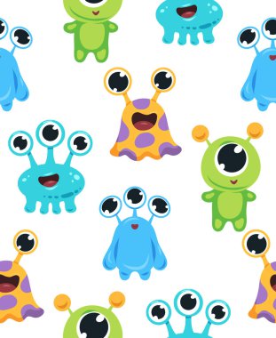 Elle çizilmiş uzaylılarla vektör kusursuz desen. Duvar kâğıdı ve kumaş için beyaz arkaplan üzerinde sevimli canavarlar olan doku