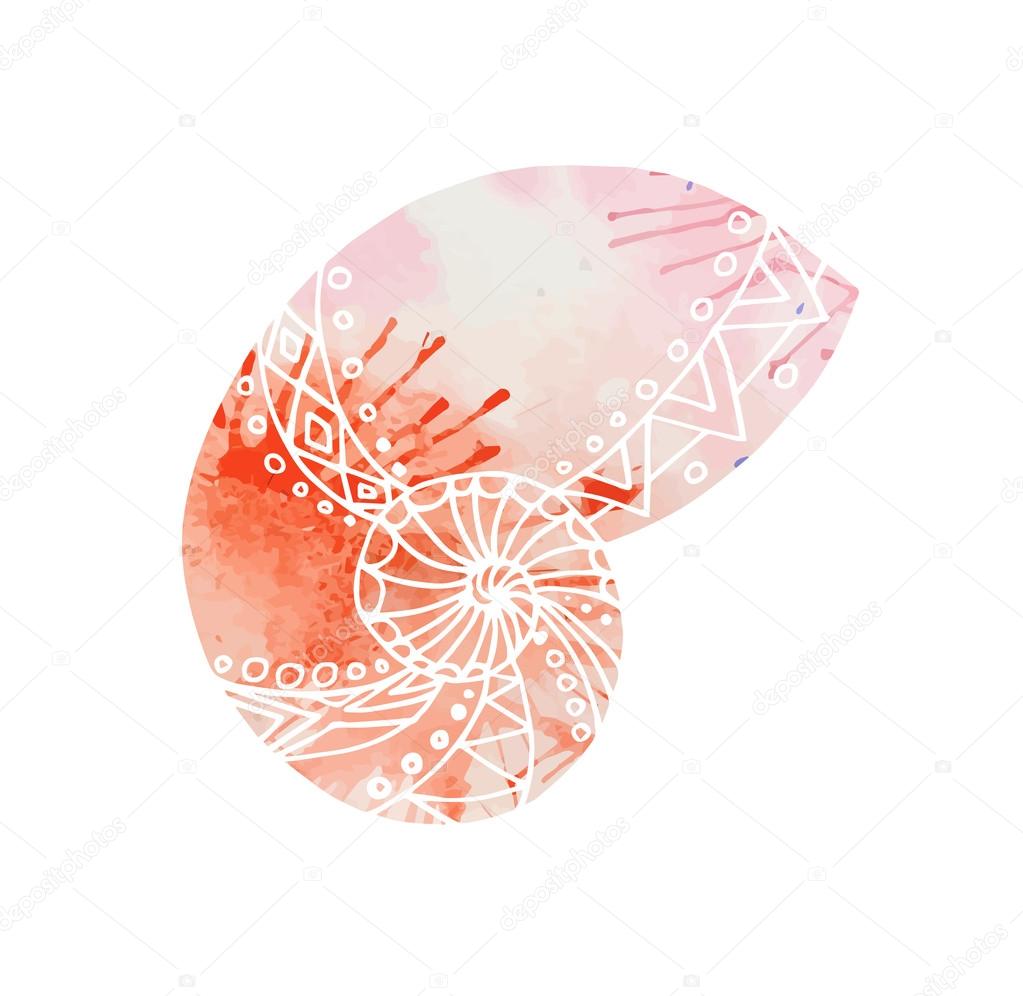 Illustration with doodle sea shell and watercolor background. Boho pattern.