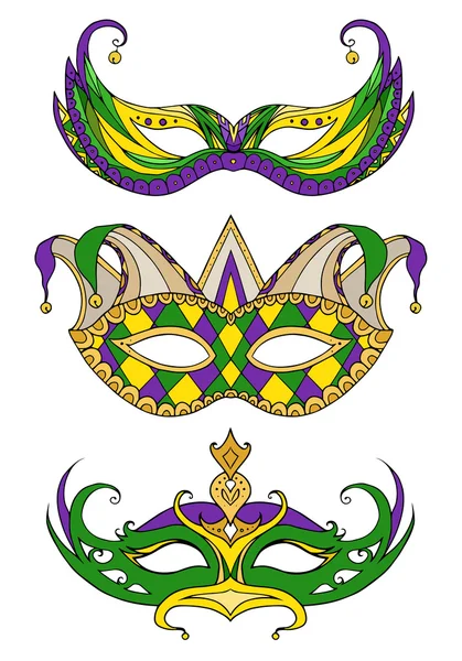 Set di maschere per il viso scarabocchiate disegnate a mano — Vettoriale Stock