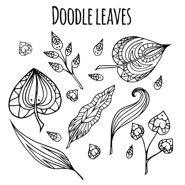 Set de frunze de doodle alb-negru — Vector de stoc