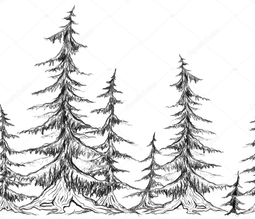 Seamless border with pencil sketch trees.