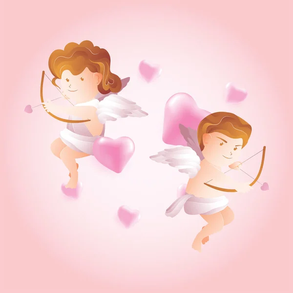 Couple Petits Cupides Visent Coeur Flèche Portant Masque Attention Covid — Image vectorielle