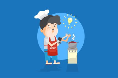 Amatör şef yemek kursunu online olarak öğreniyor, akıllı telefondan ders alıyor, yemek kursunda internetten ders çalışıyor, yüz yüze eğitim karikatürü düz vektör çizimi gibi..