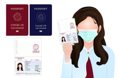 Pasaportunda covid-19 aşısı, Coronavirus aşısı ya da gezginler ya da iş adamları için pasaportu olan kız, beyaz arka planda pasaport çizimi gösterdi..