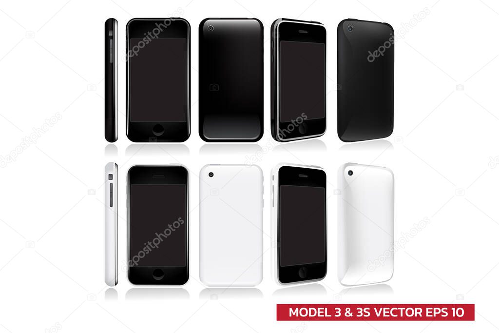 Set of Second Generation of model smartphone in different view (front, side, back), 2 Color (black and white )Mock up realistic vector illustration on white background.