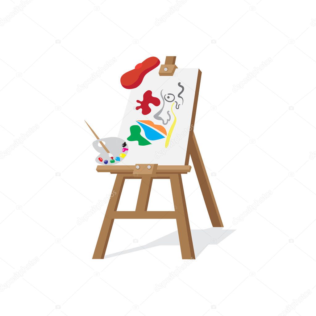 Artist workplace with equipments, easel with canvas, artist beret, palette and paintbrush, workplace of creativity, flat vector illustration isolated on white background, EPS 10.