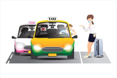 Taksi şoförü yolcuyu koronavirüs hakkında uyarıyor, doğru pozisyonda oturuyor, karikatür vektör çizimi.