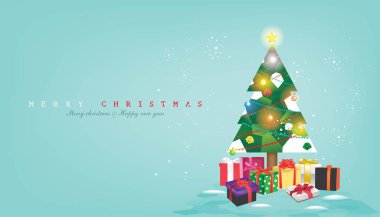 Arka planda vitraylı Noel ağacı, noel baloları, kurdeleler, parti bayrakları, parlak yıldızlar, kar taneleri, el ilanları için vektör çizimi, afiş vs..