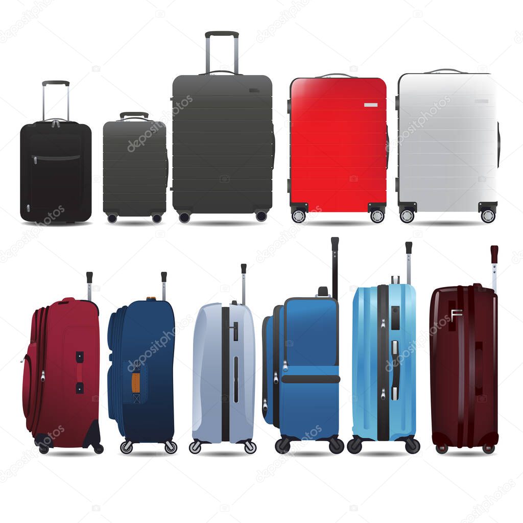 Set of luggage, baggage in side view & front view, Flat & realistic style of vector illustration.