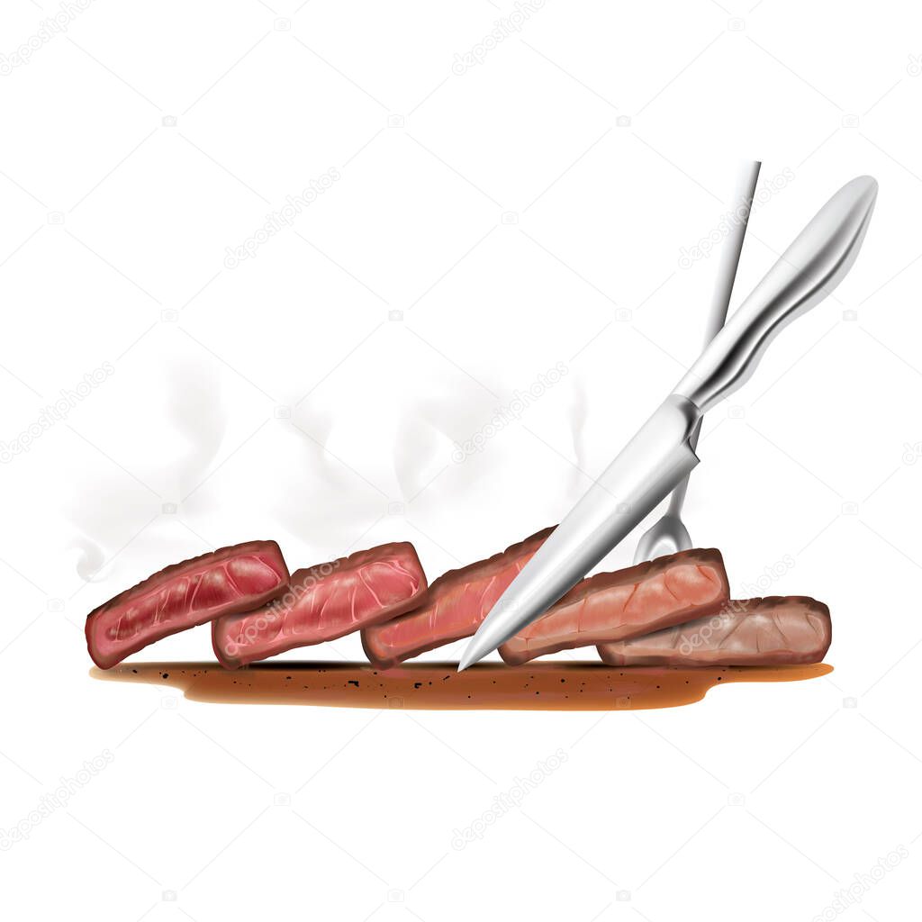 Steak doneness layer vector illustration impale with steak fork slice with knife on the white background.