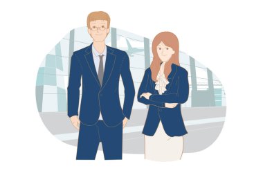 İşletme yönetim ekibi başarılı olmak için işbirliği yapıyor. Erkek ve kadın iş adamları poz veriyor. Elleri cebinde, kadın kol çapraz duruşu, el çizimi tarzı..