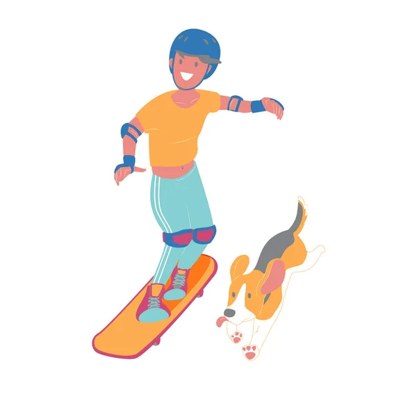 Der Junge Läuft Skateboarding Mit Seinem Welpen Beagle Dog Trägt — Stockvektor