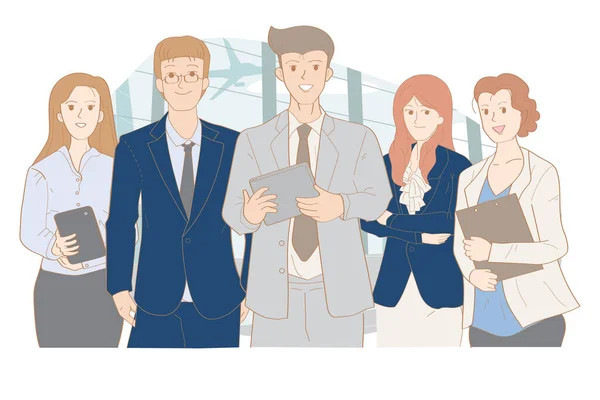企业管理团队5人配合默契才能成功 男男女女生意人摆出一副自信的架势 上班族手拉手的样子 — 图库矢量图片