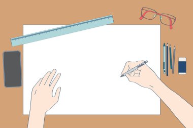 İş yerinin üst görüntüsü, büyük kağıtlı kahverengi masa masası, her şeyi yazmak için, gözlük, kalem, cetvel, silgi, akıllı telefon, yazma ekipmanı ile dekore etmek.