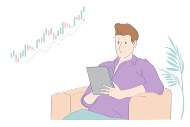 Yatırımcı oturuyor ve borsa para yönetimi borsasında kar elde etmek için strateji planlıyor. Çizgi film karakteri düz vektör çizimi. Beyaz arka plan