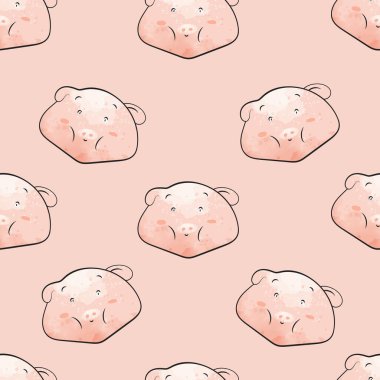 Komik hayvan domuz çizgi filmi, kusursuz duvar kâğıdı ya da arka plan deseni. Hayvan kafası maskotu şirin versiyonu vektör illüstrasyonu suluboya.