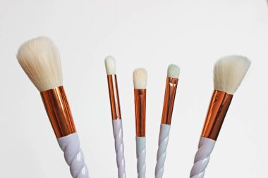 Beyaz arka planda 6 adet makyaj fırçası seti. 5 'i bir arada ve tablonun sol tarafında daha büyük bir toz fırçası ile dengelenmiş..