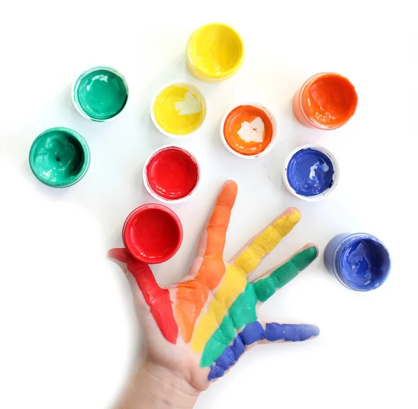 Rainbow painted hand shape isolated on white. Hand painted rainbow, painted rainbow and open paints