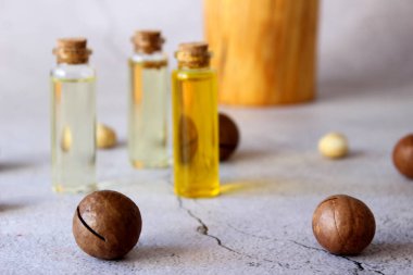 Bir kase macadamia fındık yağı ve fındık. süper yiyecek ve sağlıklı yiyecek konsepti, üst görünüm.