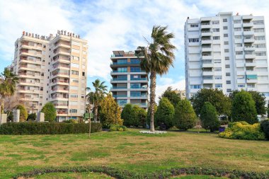 Emlak ve şehir yaşamını temsil eden canlı bir şehir parkında palmiye ağaçları ve 