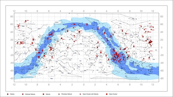 Messier Sky Chart - астрономические объекты — стоковый вектор