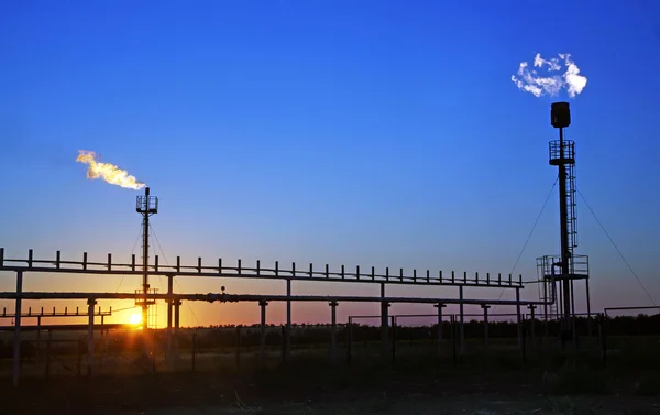 Industria petrolifera. Torce per la combustione di gas durante la combustione del petrolio a — Foto Stock