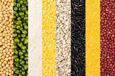 Farklı mısır gevreği, tahıl, pirinç ve fasulye özgeçmişi koleksiyonu.